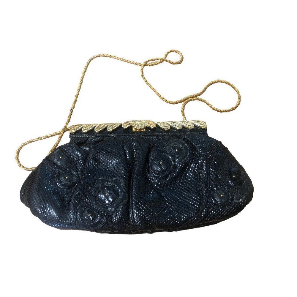 Vintage Carlo Fiori Clutch Rhinestones Leather Python Gold Chain